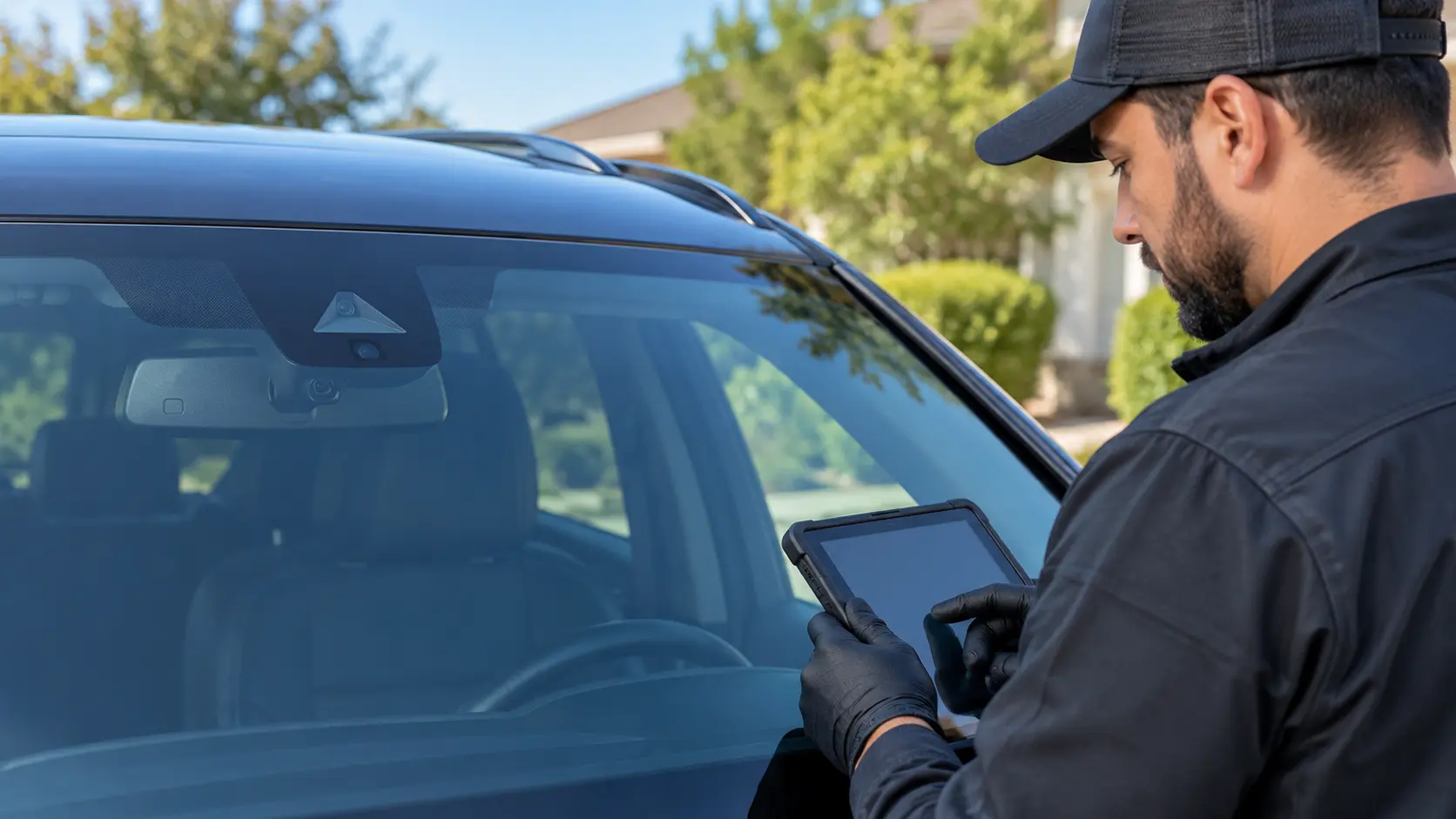 Illustrative image of mobile windshield camera calibration at a vehicle